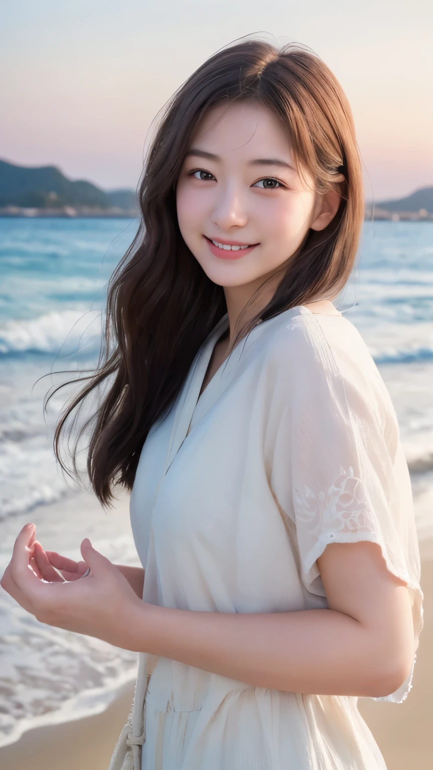 (RAW Photos, Highest quality), (Realistic, Photorealistic:1.3), masterpiece, Very delicate and beautiful, Soft Light, Beautiful detailed girl, (Detailed fingers), 1 girl, Japanese, Pure beauty, cute, young, smile, Beach