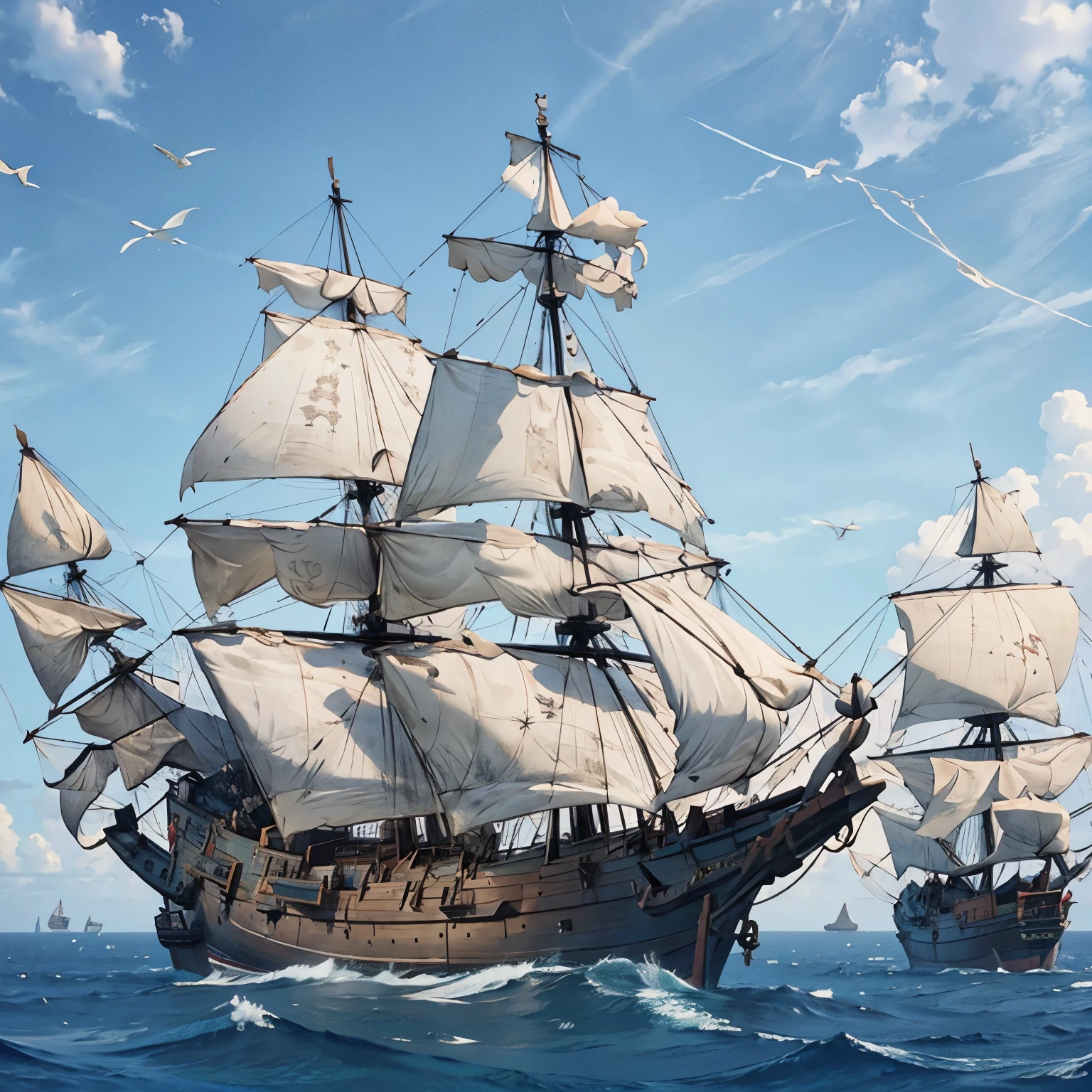 Horatio Hornblower、Naval battle with Caribbean pirates、(2 Galleons:1.4)、 (Naval battles:1.2)、(Close Combat)、Caribbean、 (Galleon Fire:1.2)、(Galleon Explosion:1.2)、(Torn sails:1.2)、 (Realistic:1.2)、Very detailed、(intricate details 1.2)、8k, masterpiece,