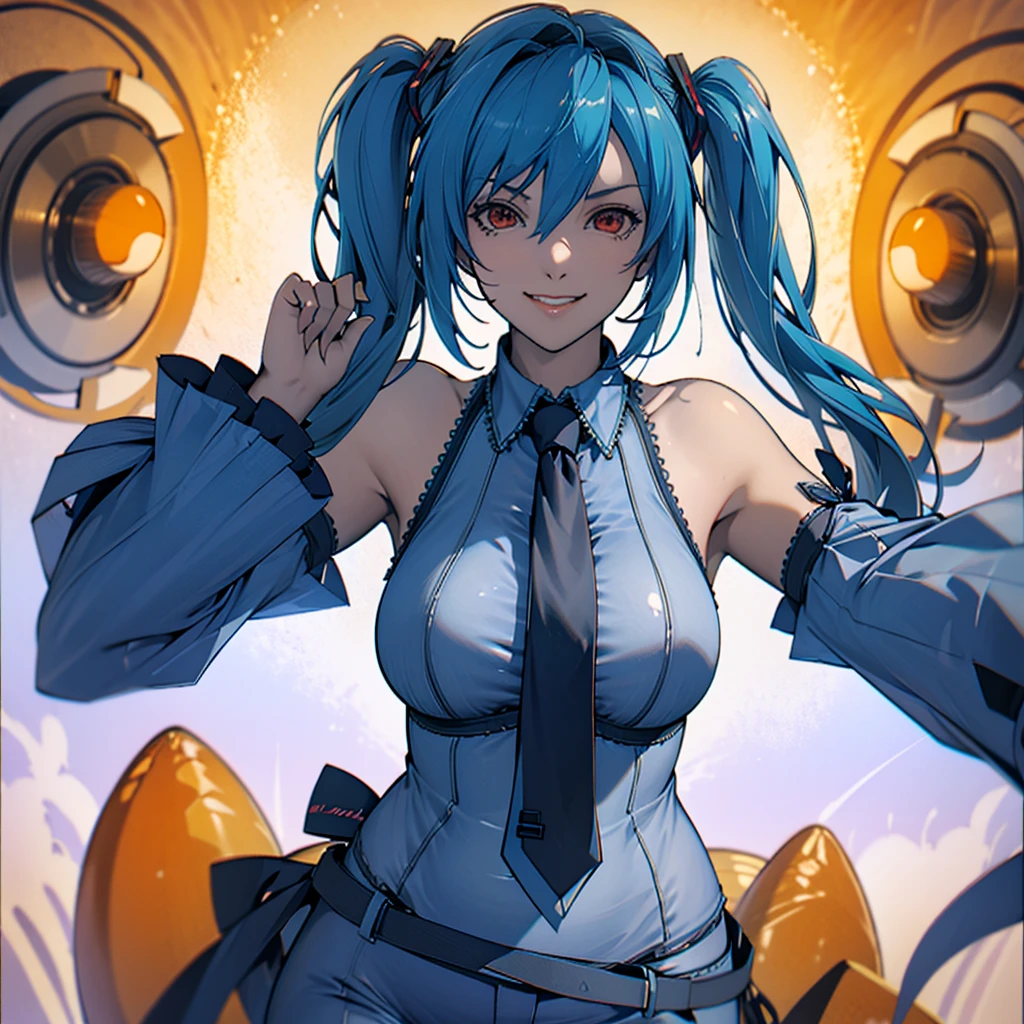 masterpiece, hatsune miku, White shirt, Blue tie, Exposing shoulders, The sleeves are separated, Evil Smiley Face, Dark Skin, Red eyes, Iris, Pupil orange,nude,The whole body is visible,I can see your pants,