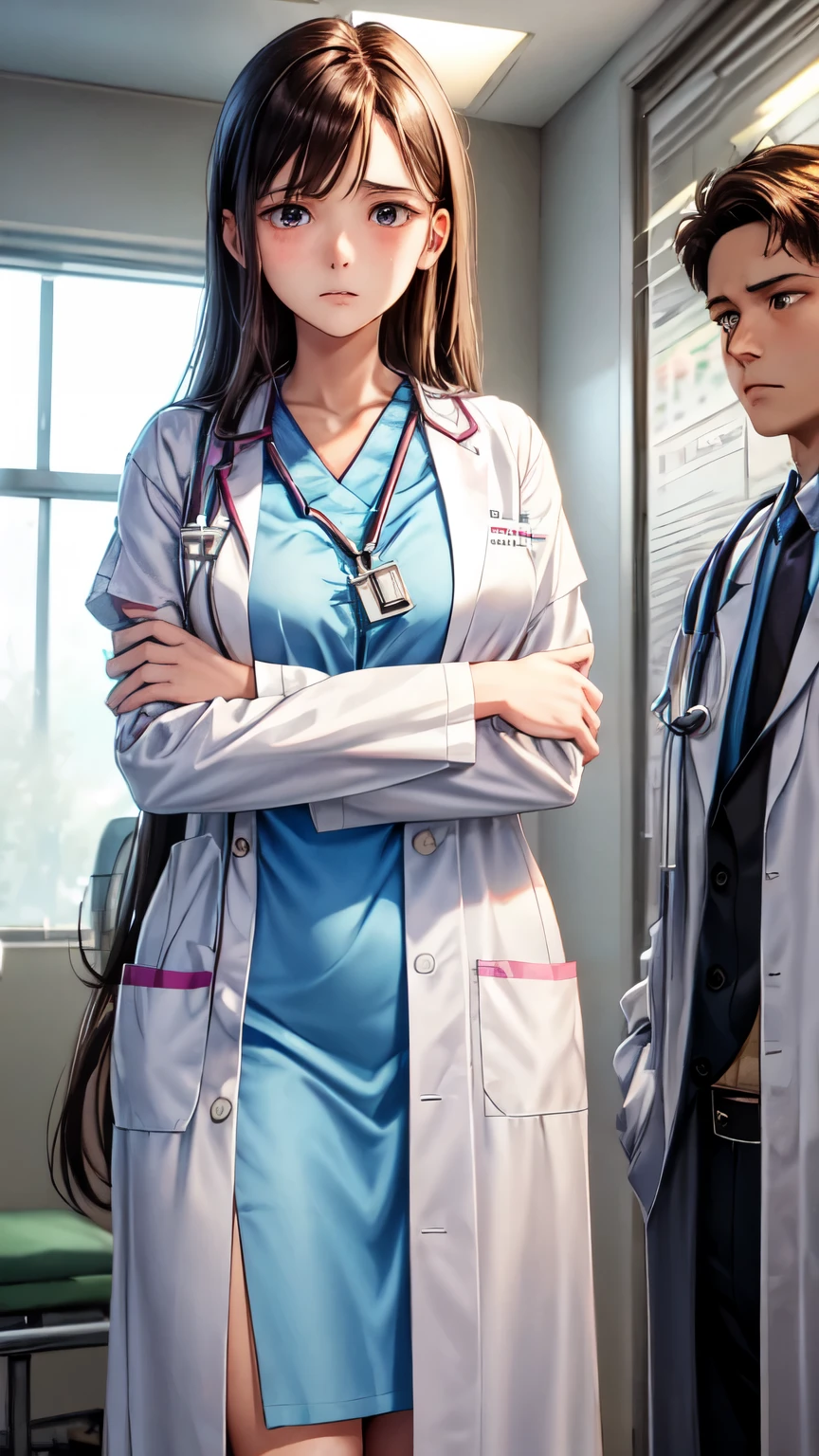 Lily in a hospital gown with a distressed expression. Doctors and nurses, dressed in Western-style medical uniforms, are around her. Both Lily and Jacob are of equal height.