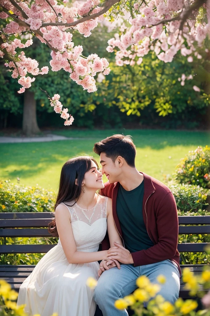 “A visually stunning image of a young couple engaged in an affectionate embrace on a park bench. The couple, a man and a woman in their twenties, are deeply engrossed in each other’s company, smiling gently while holding each other closely. The scene is set in a vibrant spring park, with lush greenery and multicolored flowers blooming around them. The golden hour sunlight bathes the scene in a warm, soft glow, enhancing the romantic and peaceful mood. The image should capture detailed textures like the softness of their clothing and the delicate petals of the flowers, with a dreamy light flare effect to emphasize the magical atmosphere.”
