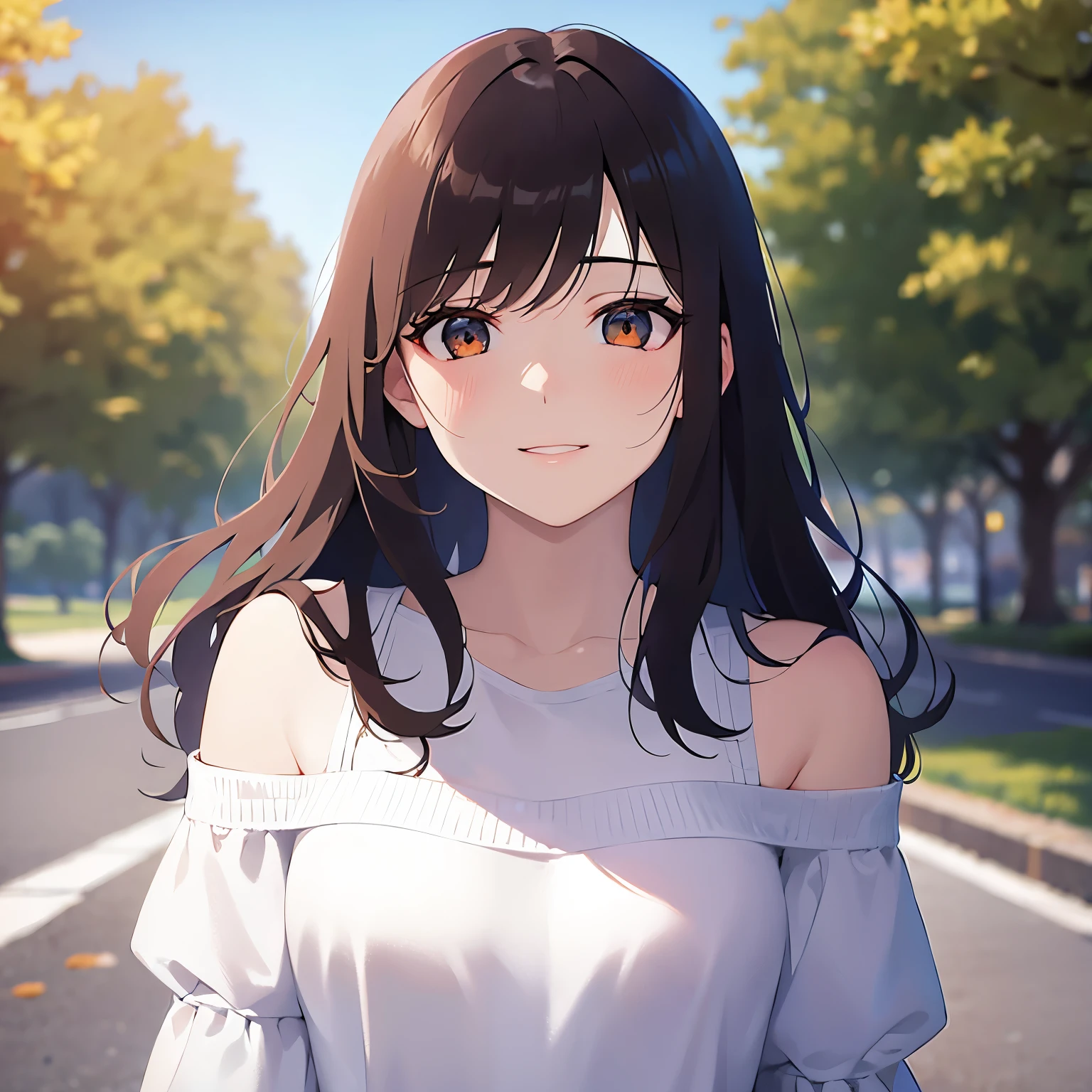 Close-up of your face、(pale skin: 1.2), shiny skin, shiny hair、(A 25-year-old woman with medium-length hair and bangs) and (wavy hair) and (brown hair) and (orange eyes) , (white) and (off shoulder dress) 、smile, (blush:1.2), The background is a park、Alone、Are standing