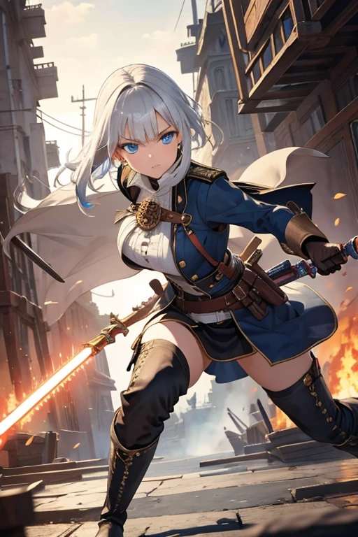 A woman with silver bob hair and blue eyes, extremely detailed and realistic, masterpiece quality, ultra-detailed, HDR, vivid colors, physically-based rendering, pirates, pirates war, on the wooden big ship, (((She is wielding a large saber))), she is a pirates king, battle, she is attacking, she is fighting, fire, triumph, great victory, She is injured, ((wearing long boots)), she is strong