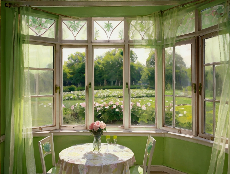 pastel colour green yellow room Rose garden outside the window cute race curtain