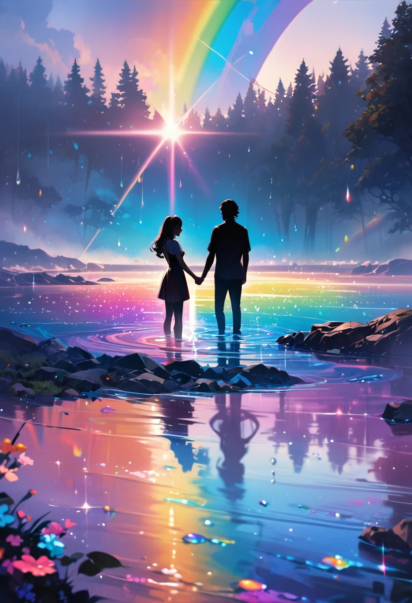 (masterpiece, best quality:1.1), (ultra highres, ultra-detailed:1.2) ,(silhouette of couple stands in the middle of lake), (crystal raindrops around them), rainbow,light from the sun is reflected on the surface of the lake., digital art,fantasy art, colorful, beautiful colors, bright colors, colorful paint splashes, vibrant colors, vivid colors, high resolution, hyper-realistic, highly detailed.