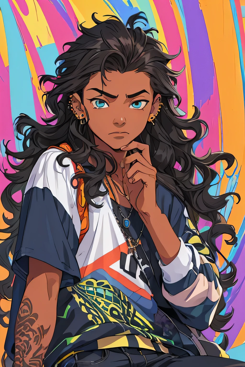 Young teen boy, (long, wavy hair), (tan skin), (piercings), (tattoos), expressive face, relaxed pose, wearing a casual stylish outfit, vibrant background with soft sunset tones, cool atmosphere, half-dreamy, half-edgy vibe, ultra-detailed, high resolution, capturing youthful energy and confidence.