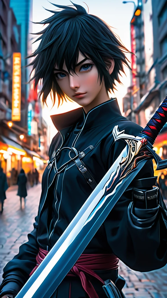 a close up of a person holding a sword in a city, key anime art, detailed key anime art, hd anime wallaper, anime epic artwork, anime wallaper, 4k anime wallpaper, badass anime 8 k, anime wallpaper 4k, anime wallpaper 4 k, best anime 4k konachan wallpaper, high definition anime art, high quality anime artstyle