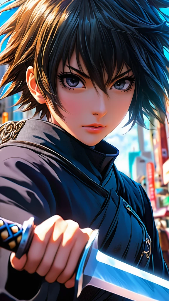 a close up of a person holding a sword in a city, key anime art, detailed key anime art, hd anime wallaper, anime epic artwork, anime wallaper, 4k anime wallpaper, badass anime 8 k, anime wallpaper 4k, anime wallpaper 4 k, best anime 4k konachan wallpaper, high definition anime art, high quality anime artstyle