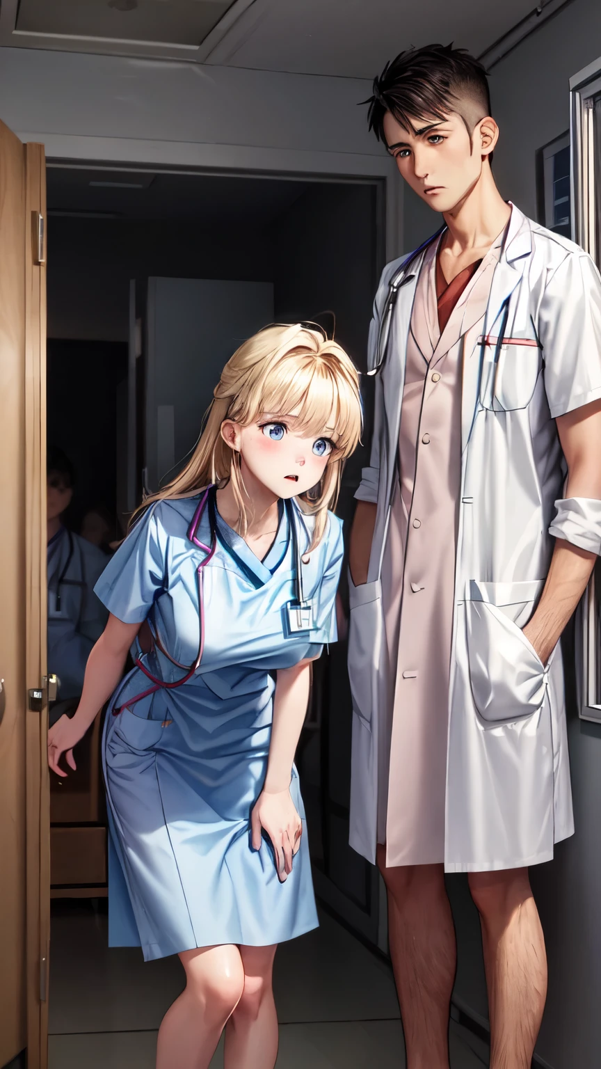 Lily in a hospital gown with a distressed expression. Doctors and nurses, dressed in Western-style medical uniforms, are around her. Both Lily and Jacob are of equal height.