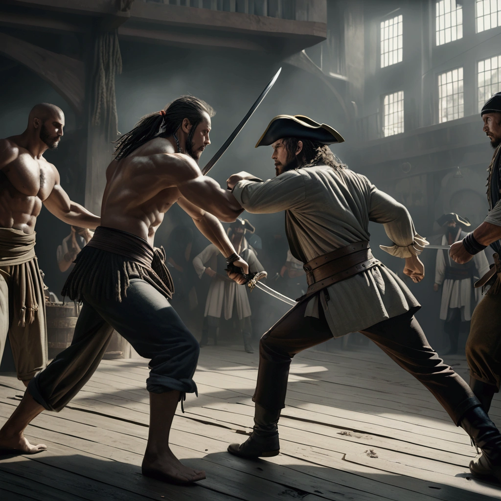 pirate crews in hand-to-hand combat, fully clothed highly detailed, muscular figures, dynamic poses, swords clashing, gritty realistic environment, moody lighting, muted color palette, cinematic composition, (best quality,4k,8k,highres,masterpiece:1.2),ultra-detailed,(realistic,photorealistic,photo-realistic:1.37),chiaroscuro lighting, dramatic shadows, rugged texture, heroic action, intense expression