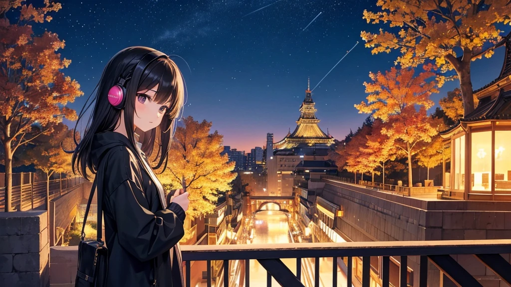 Places where you can see Osaka Castle。A young girl with black hair wearing stylish clothes and headphones labeled "lo-fi" The girl is shown in profile, gazing into the distance with a calm, relaxed expression Background depicts the iconic scenery of Namba, Osaka at night, without any text on signs A starry night sky adding to the peaceful atmosphere Overall mood is quiet and serene, perfect for lo-fi music Detailed hair rendering and careful attention to the girl's fashionable outfit The entire scene should evoke a relaxing, introspective feeling associated with lo-fi music