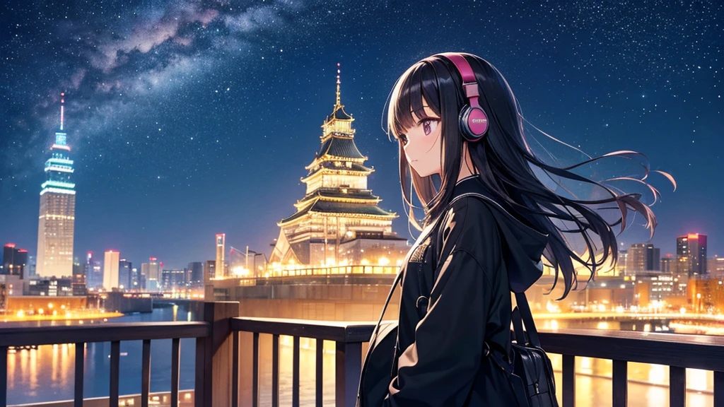 Places where you can see Osaka Castle。A young girl with black hair wearing stylish clothes and headphones labeled "lo-fi" The girl is shown in profile, gazing into the distance with a calm, relaxed expression Background depicts the iconic scenery of Namba, Osaka at night, without any text on signs A starry night sky adding to the peaceful atmosphere Overall mood is quiet and serene, perfect for lo-fi music Detailed hair rendering and careful attention to the girl's fashionable outfit The entire scene should evoke a relaxing, introspective feeling associated with lo-fi music