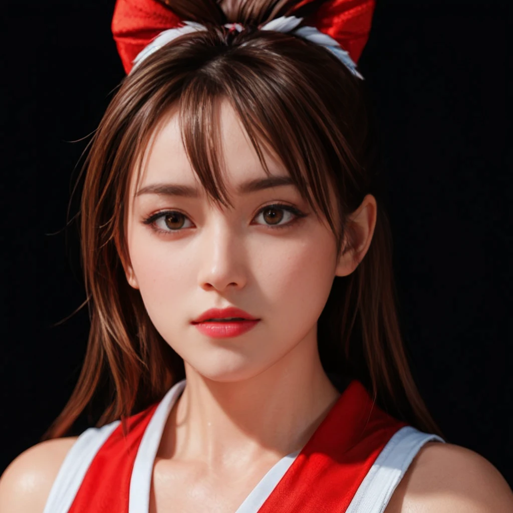 Mai Shiranui, (best quality,Ultra-detailed),(realistic:1.37), beautiful and detailed face, ultra-realistic texture, delicate face, athletic body, vivid colors. high definition, 8K, wearing red lipstick, rosy cheeks.