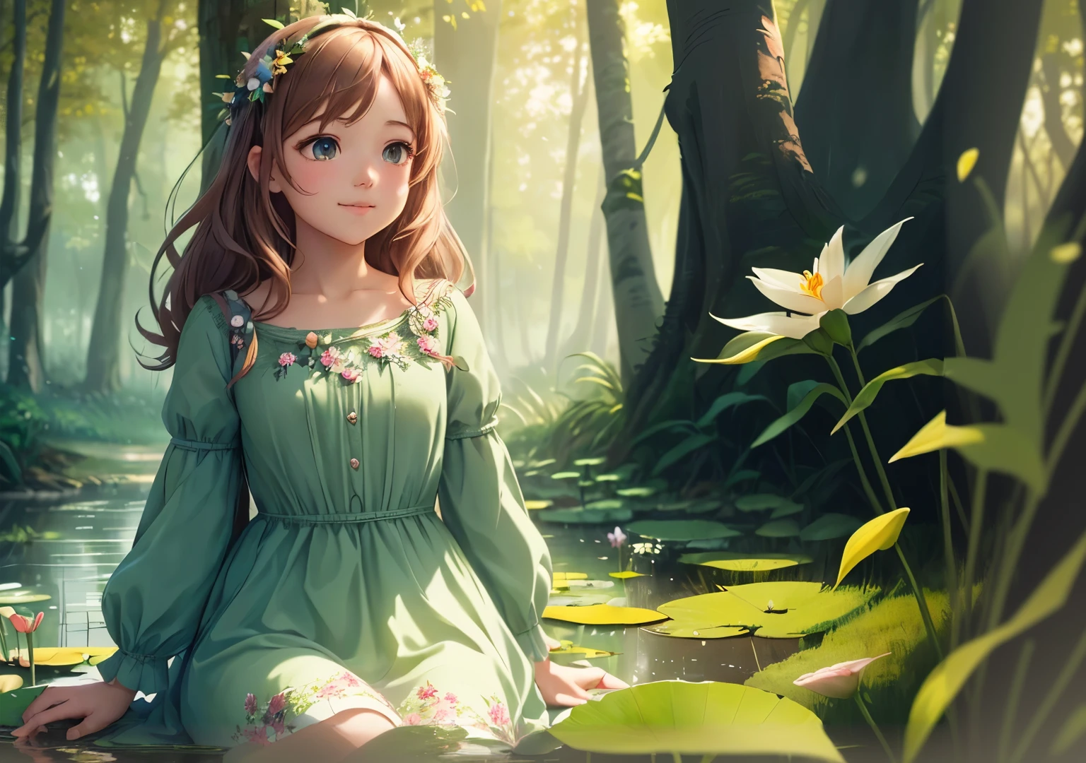 Anime girl sitting on a lily leaf in the forest, beautiful anime girl, Cute anime girl, cute detailed digital art, beautiful anime portrait, beautiful anime artwork, beautiful anime girl, beautiful anime art style, anime curvy john 8k forest, beautiful anime art, detailed digital anime art, digital anime art, anime art wallpaper 4k, Anime Art Wallpaper 4k