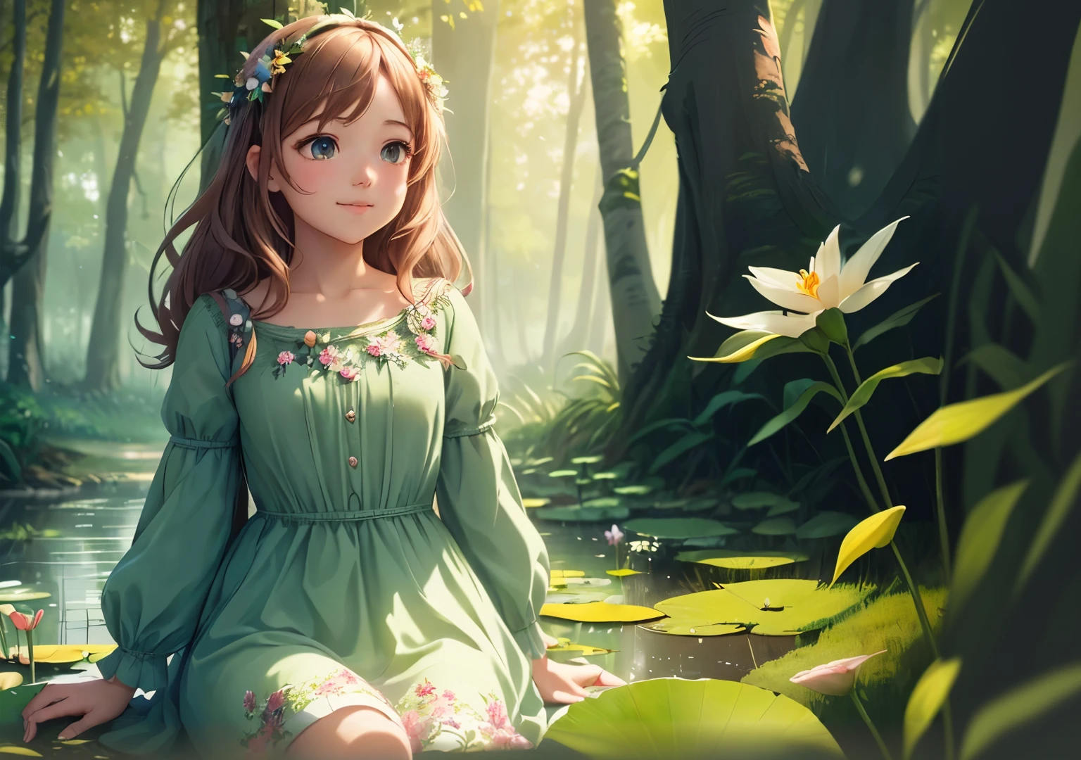 Anime girl sitting on a lily leaf in the forest, beautiful anime girl, Cute anime girl, cute detailed digital art, beautiful anime portrait, beautiful anime artwork, beautiful anime girl, beautiful anime art style, anime curvy john 8k forest, beautiful anime art, detailed digital anime art, digital anime art, anime art wallpaper 4k, Anime Art Wallpaper 4k