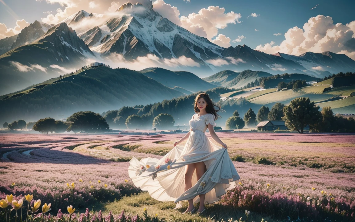 1girl, dynamic angle, cloud and mountain, (flower field:1.4) in the foreground, white dress, light tracing, (floating colorful wind:1) (photorealistic:1.4), official art, unity 8k wallpaper, ultra detailed, beautiful and aesthetic, masterpiece,best quality, glowing skin, cinematic lighting, light smile