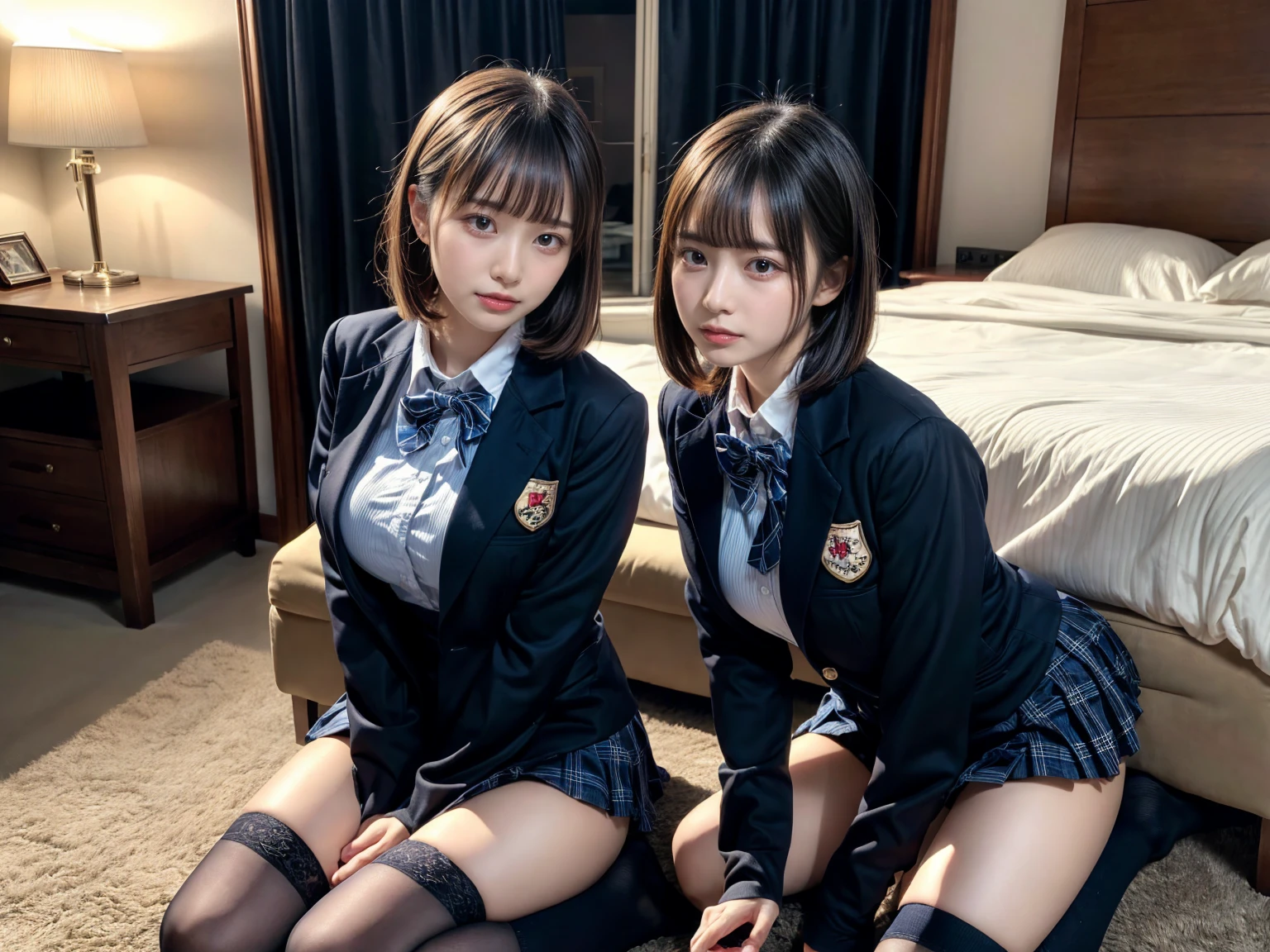 (8K, Raw photography, top-quality, masterpiece:1.2), master piece, best quality, illustration, Super detailed, fine details, High resolution, 8K,wall paper, perfect dynamic composition,(Details High quality, realistic depiction of eyes:1.3), ((2 girls, 2 schoolgirls)), The background is a luxury hotel room、High school girl uniform、blazer 、Super Short Check Uniform Skirt、Navy blue high socks、garterbelts、Colossal tits、Disturbed uniform, Play with each other,Touching each other's bodies,Touching the body of the girl next door, short bob hair, black hair color, huge breasts, Big Natural Color Lip, bold sexy pose, (perfect body shape), crying a little、cold gaze, Beautiful makeup,glitter makeup,Cutest 18 years old, beautiful legs, hposing Gravure Idol, Voluptuous thighs