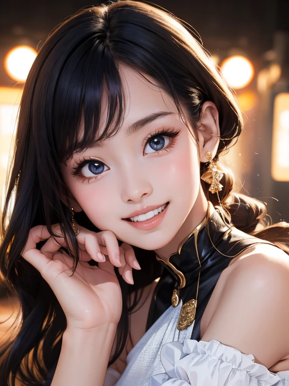 (Highest quality、 8k 、masterpiece、High resolution)、Full Body Shot、 girl、Idol、Cute smile、Pretty lips、Adorable eyes、Dancing with a smile、Outdoor Stage、AKB48 Costumes、Realistic、Vibrant colors、Official Art、Detailed CG、Professional Lighting、Professional photographer、
