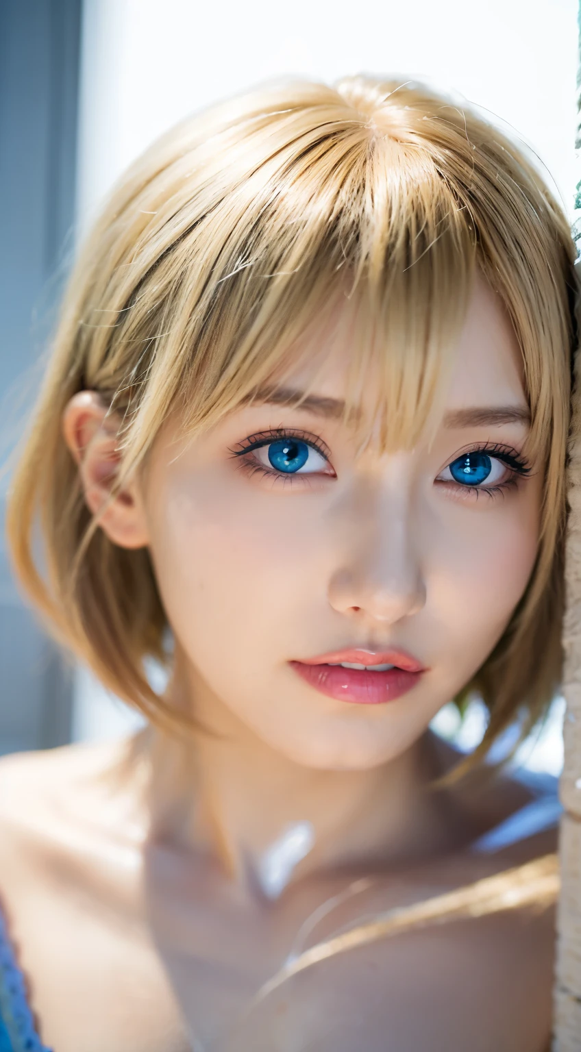 Beautiful and fair、Glowing Skin, 3 Up, Nice, bright, Refreshing and gentle look, Perfect beautiful face、Blonde Short Hair,Beautiful shiny bangs, Very beautiful girl, eyeliner, so perfect and beautiful、big, clear, Sky blue eyes,Very large breasts,The original skin is visible through the grooves,athlete
