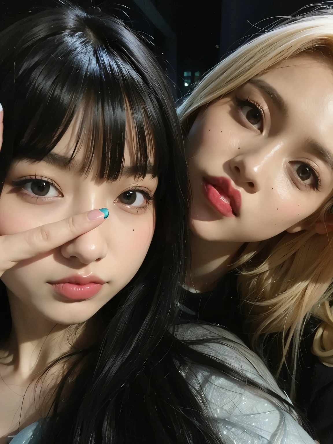 Two girls with black hair and white makeup pose for a photo., Larissa Manoval, black pink의 라리사 마노반, jossi do black pink, black pink의 로잔느 파크, black pink, Nixeu e Sakimichan, jennie black pink, yoshitomo nara and aya takano, Best Face, black pink 조시의 초상, Jinyoung Canella, double