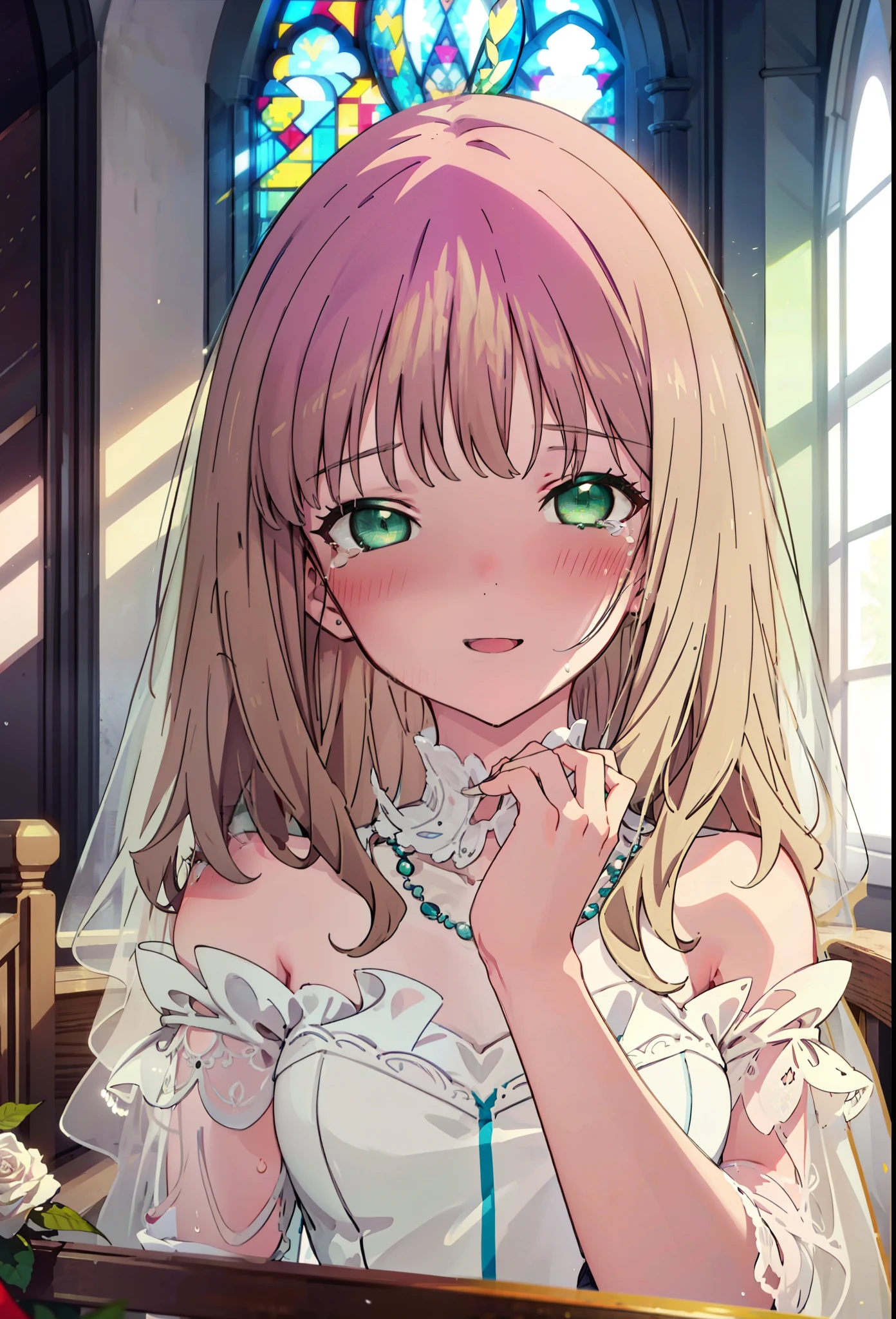 minami yume ,sss Dynazenon ,Long Hair, Brown Hair, (Green Eyes:1.5) ,blush,happy smile, smile, Open your mouth,off-the-shoulder wedding dresses,wedding long skirt,necklace,Veil,Holding a bouquet in both hands,,Tears stream down her face,Tears of joy,I cry a lot,Stand Glass,
break looking at viewer, whole body,(Cowboy Shot:1. 5) break indoors, Chapel,church, break (masterpiece:1.2), Highest quality, High resolution, unity 8k wallpaper, (shape:0.8), (Beautiful attention to detail:1.6), Highly detailed face, Perfect lighting, Extremely detailed CG, (Perfect hands, Perfect Anatomy),