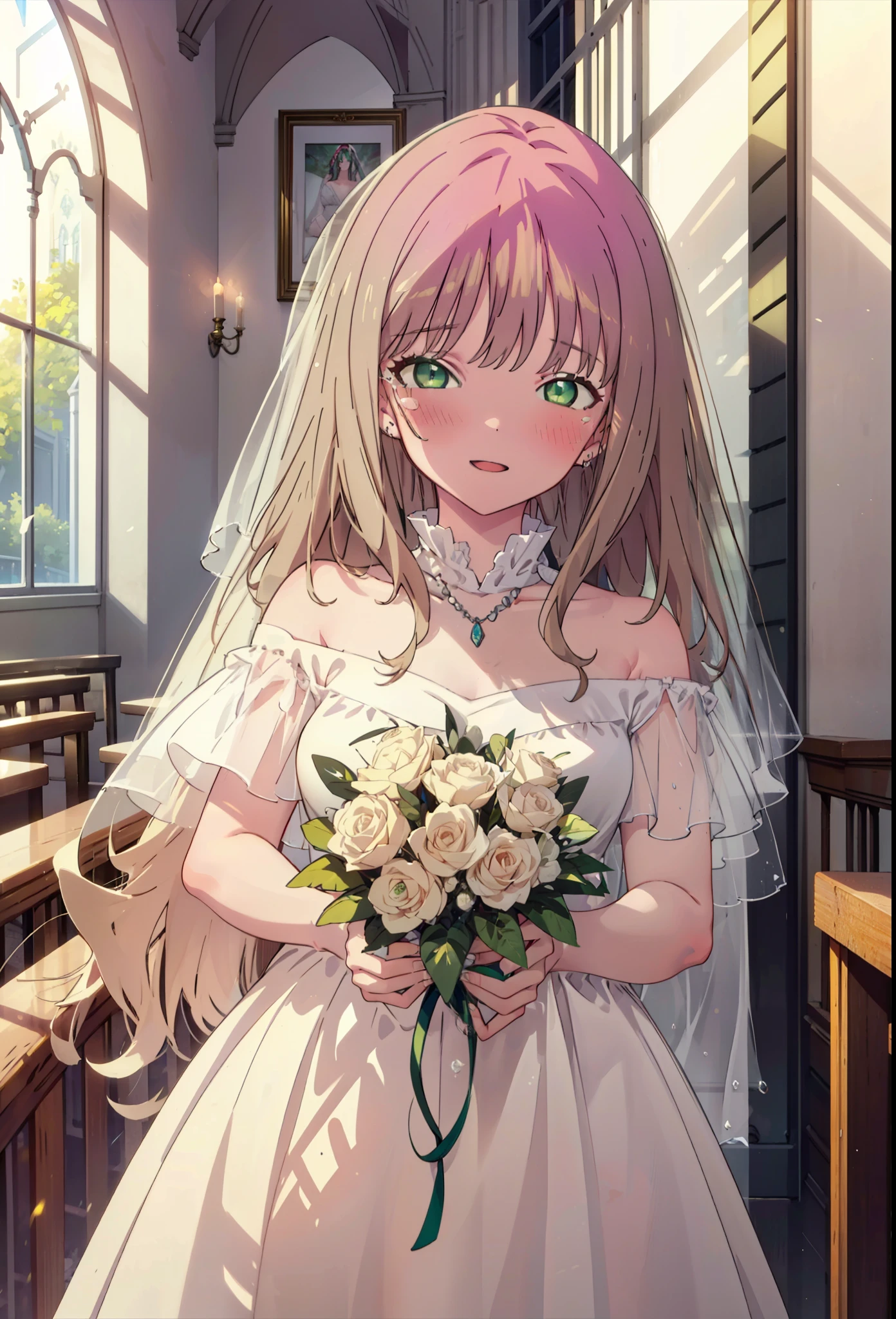 minami yume ,sss Dynazenon ,Long Hair, Brown Hair, (Green Eyes:1.5) ,blush,happy smile, smile, Open your mouth,off-the-shoulder wedding dresses,wedding long skirt,necklace,Veil,Holding a bouquet in both hands,,Tears stream down her face,Tears of joy,I cry a lot,Stand Glass,
break looking at viewer, whole body,(Cowboy Shot:1. 5) break indoors, Chapel,church, break (masterpiece:1.2), Highest quality, High resolution, unity 8k wallpaper, (shape:0.8), (Beautiful attention to detail:1.6), Highly detailed face, Perfect lighting, Extremely detailed CG, (Perfect hands, Perfect Anatomy),