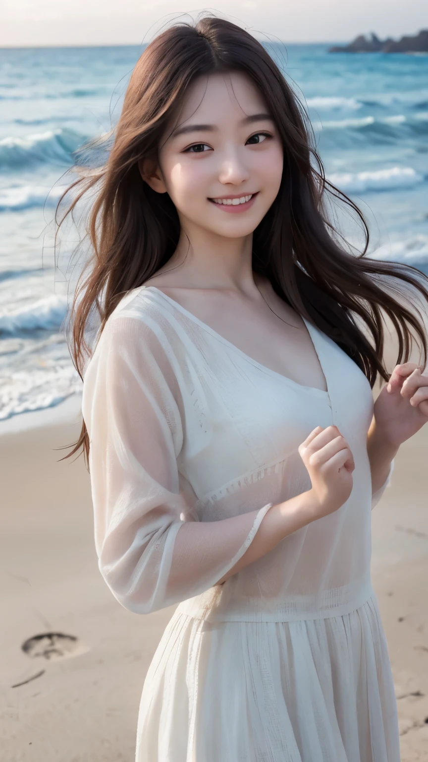 (RAW Photos, Highest quality), (Realistic, Photorealistic:1.3), masterpiece, Very delicate and beautiful, Soft Light, Beautiful detailed girl, (Detailed fingers), 1 girl, Japanese, Pure beauty, cute, young, smile, Beach,　Hair moving in the wind