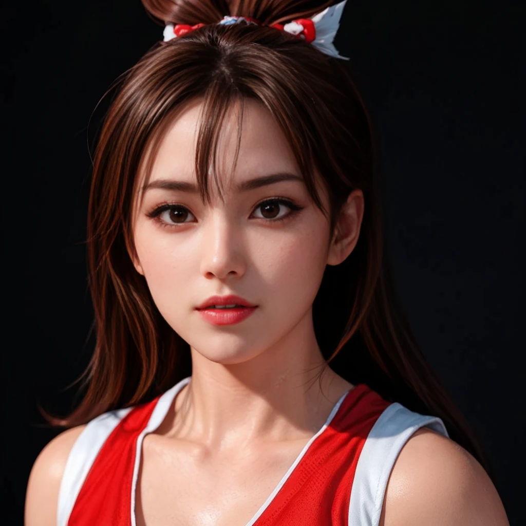 Mai Shiranui, (best quality,Ultra-detailed),(realistic:1.37), beautiful and detailed face, ultra-realistic texture, delicate face, athletic body, vivid colors. high definition, 8K, wearing red lipstick, rosy cheeks.