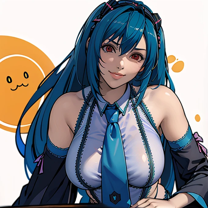 masterpiece, hatsune miku, White shirt, Blue tie, Exposing shoulders, The sleeves are separated, Evil Smiley Face, Dark Skin, Red eyes, Iris, Pupil orange,nude,The whole body is visible,I can see your pants,