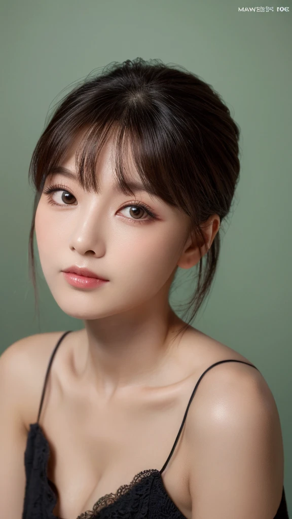 ((Highest quality, 8k, masterpiece: 1.3)), beauty, Hide your face, 1 girl, beautiful: 1.3, Slim Abs: 1.1, camisole, Cleavage, Black Bob, (While sitting on the bed), Ultra detailed face, Highly detailed lips, Detailed eyes, double eyelid、Simple Background、Look away