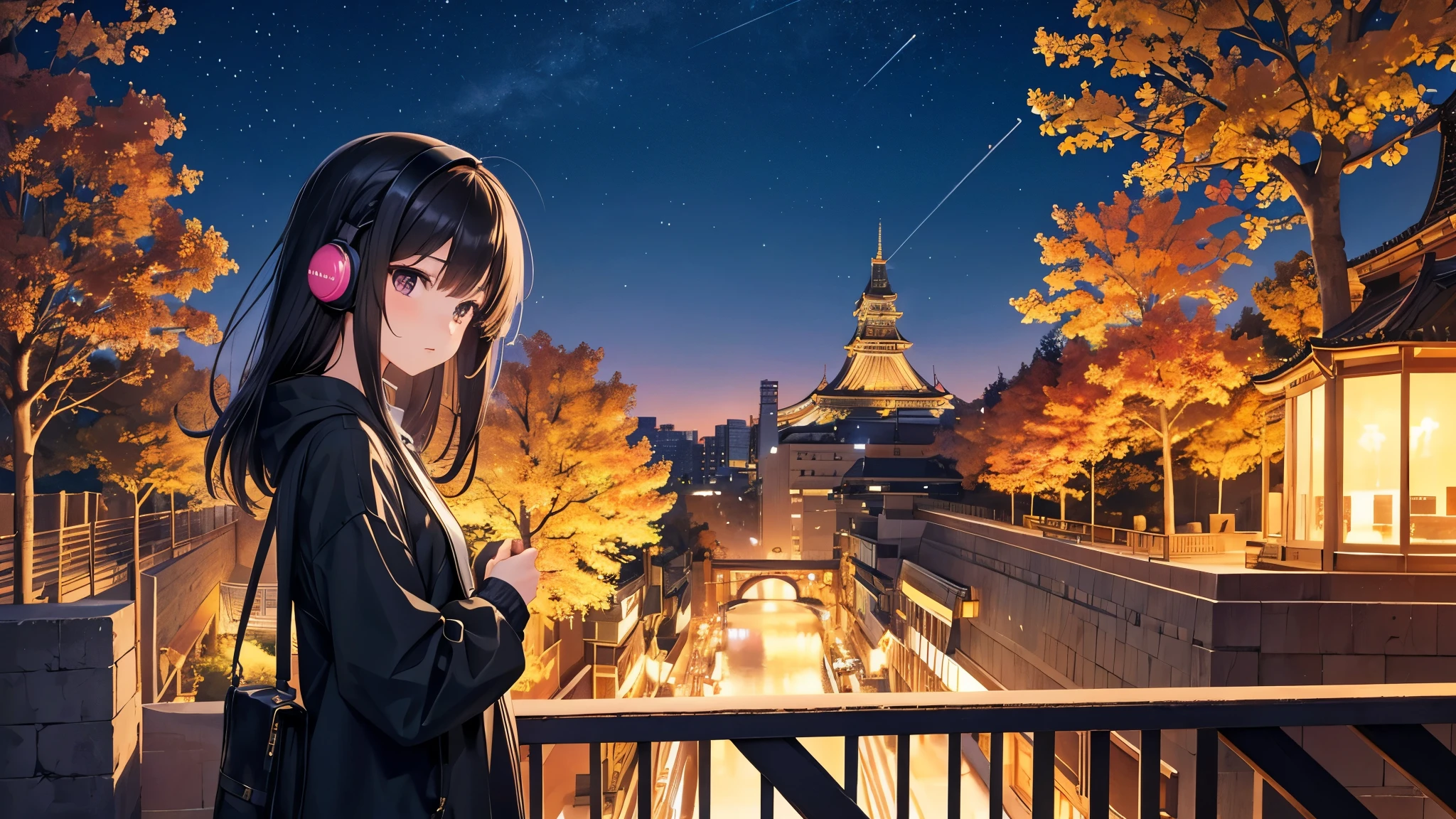 Places where you can see Osaka Castle。A young girl with black hair wearing stylish clothes and headphones labeled "lo-fi" The girl is shown in profile, gazing into the distance with a calm, relaxed expression Background depicts the iconic scenery of Namba, Osaka at night, without any text on signs A starry night sky adding to the peaceful atmosphere Overall mood is quiet and serene, perfect for lo-fi music Detailed hair rendering and careful attention to the girl's fashionable outfit The entire scene should evoke a relaxing, introspective feeling associated with lo-fi music