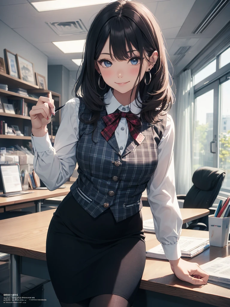 (Best Quality, Masterpiece),Wearing a pink plaid vest, White short sleeved shirt, Gray pencil skirt, Wear stiletto heels, Necklace, earrings, Cute face, Smile, Blushing, Shyness, Glass wall, Ultra Detail, Realistic, Front view, Whole body, stunning, cute, warm smile, hourglass figure, apron, text, chart, advertising, magazine title(Best Quality, Masterpiece), Mag((((1ladyl,)))) (masterpiece), (realistic), (best quality), (ultra-detailed), (wearing in [[white and gray check pattern]] Vest worn over white collared long-sleeved shirt:1.4), (gray vest with buttons:1.2), (Pink Theme:1.2), (blue ribbon ribbon:1.3), (Black theme:1.4), (Tight black pencil skirt:1.5), ((Brown pantyhose)), (high-heels:1.1),longskirt,office desk, office chair,Lulubre Unity 8K Wallpaper, pantyshot, long brown hair, office lady Magazine Cover, 1girl,  amazing, girl, 30 years old, house wiife, warm smile, hourglass figure, text, chart, advertising, magazine title