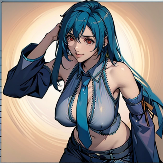 masterpiece, hatsune miku, White shirt, Blue tie, Exposing shoulders, The sleeves are separated, Evil Smiley Face, Dark Skin, Red eyes, Iris, Pupil orange,nude,The whole body is visible,I can see your pants,