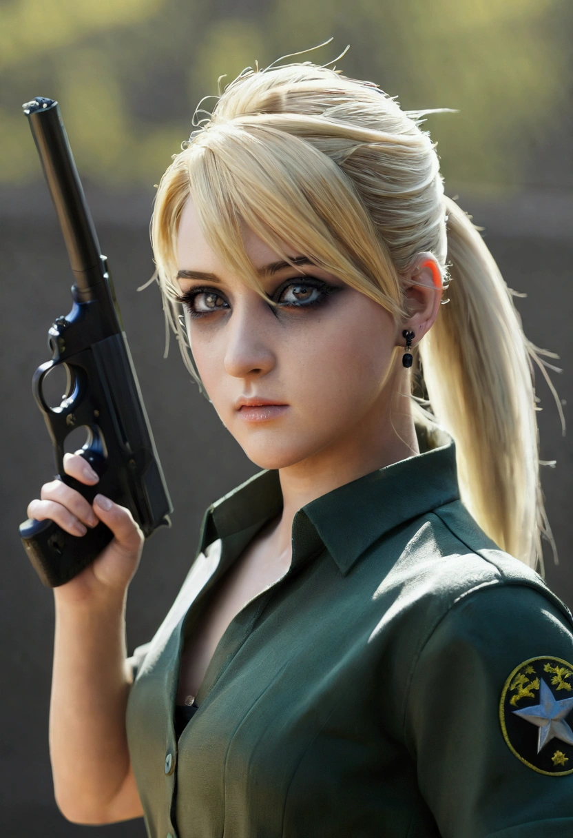 Riza Hawkeye, blonde hair, (black eye:1.5), folded ponytail,hold a gun and take aim,(((scared))),
break shirt, short sleeve, earrings, black shirt, army white lace panties,
break looking at viewer, full body,
break indoors,
break (masterpiece:1.2), highest quality, High resolution, unity 8k wallpaper, (figure:0.8), (detailed and beautiful eyes:1.6), highly detailed face, perfect lighting,detailed skin,white skin,shiny skin,detailed hair,Very detailed CG, (perfect hands, perfect anatomy),