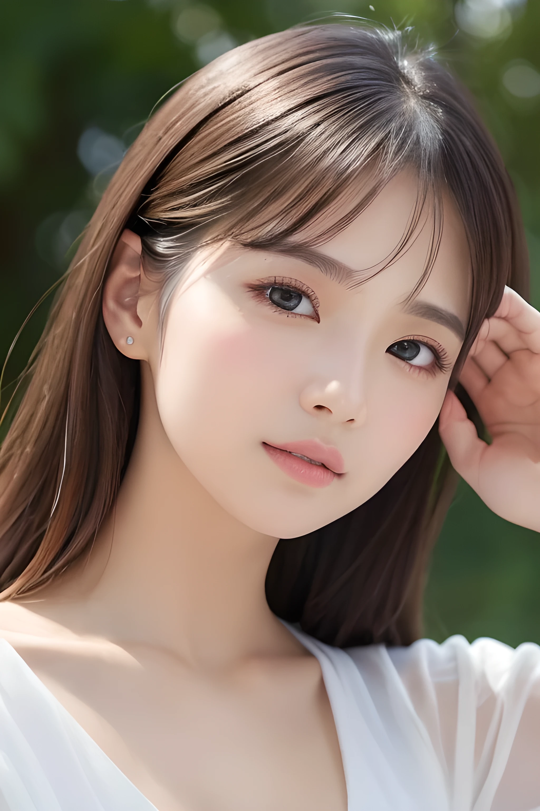 (highest quality:1.1)、(Photorealistic:1.1)、(photograph:1.1)、(Very detailed:1.1)、Beautiful detailed girl、(Very detailedな目と顔)、(Facial lighting)、(Skin that glows in the sunlight)、((Perfectly anatomically balanced style))、（Cute pose）、（Facing forward）（looking at the camera）（Brown Hair）、（Well-formed face）、（Korean Idol）、（Prominent double eyelids）、（Large pupil）、（Nose with beautiful nasal muscles）、（Beautiful Lips）、（Beautiful eye）、（Beautiful girl） 、（Korian and japanese mix）
