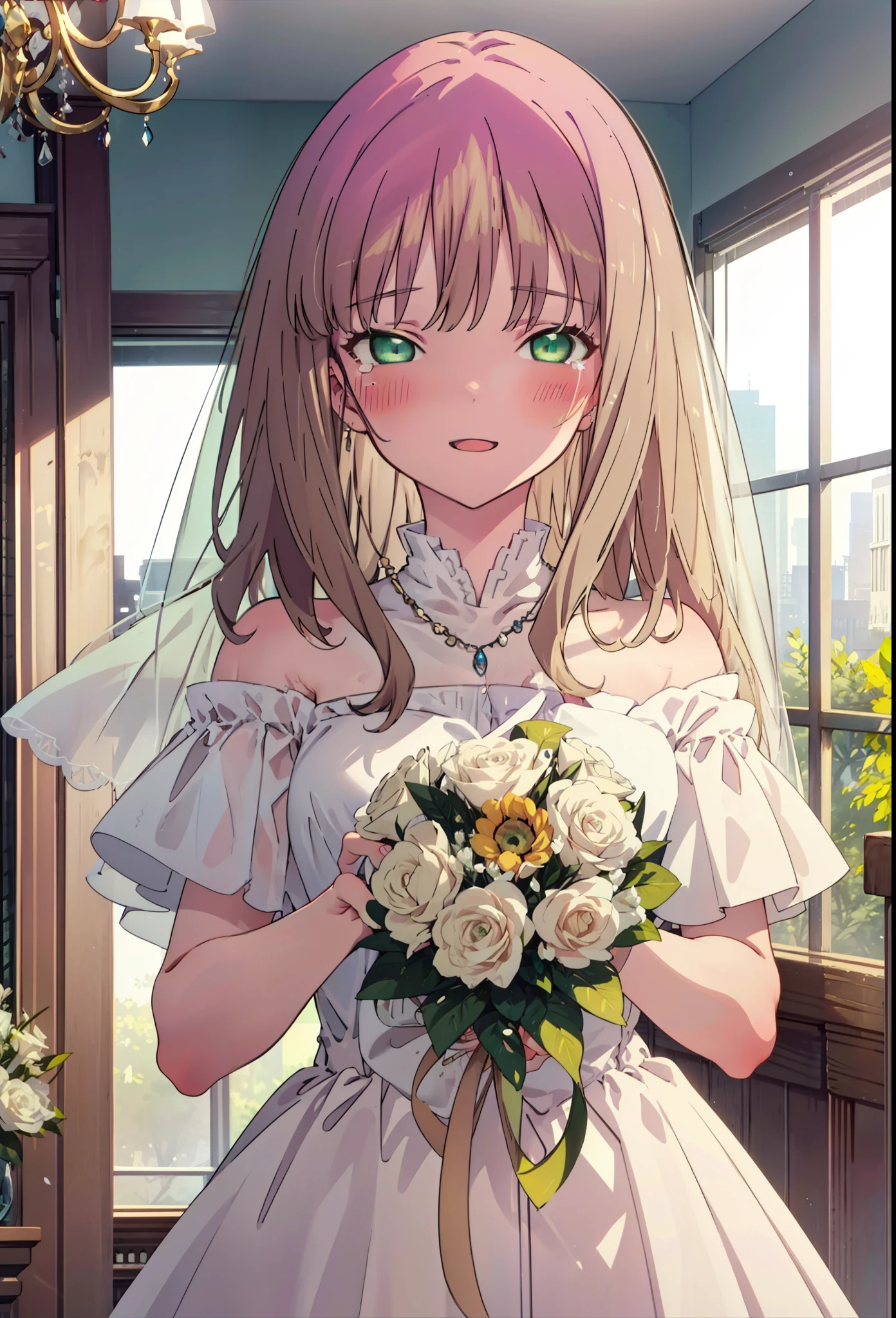 minami yume ,sss Dynazenon ,Long Hair, Brown Hair, (Green Eyes:1.5) ,blush,happy smile, smile, Open your mouth,off-the-shoulder wedding dresses,wedding long skirt,necklace,Veil,Holding a bouquet in both hands,,Tears stream down her face,Tears of joy,I cry a lot,Stand Glass,　　　　　　　　　　　　 
 break looking at viewer, whole body,(Cowboy Shot:1. 5) 　　　　　　　　　　　　　　　　　　　break indoors, Chapel,church, 　　　　　　　　　　　break (masterpiece:1.2), Highest quality, High resolution, unity 8k wallpaper, (shape:0.8), (Beautiful attention to detail:1.6), Highly detailed face, Perfect lighting, Extremely detailed CG, (Perfect hands, Perfect ???????),