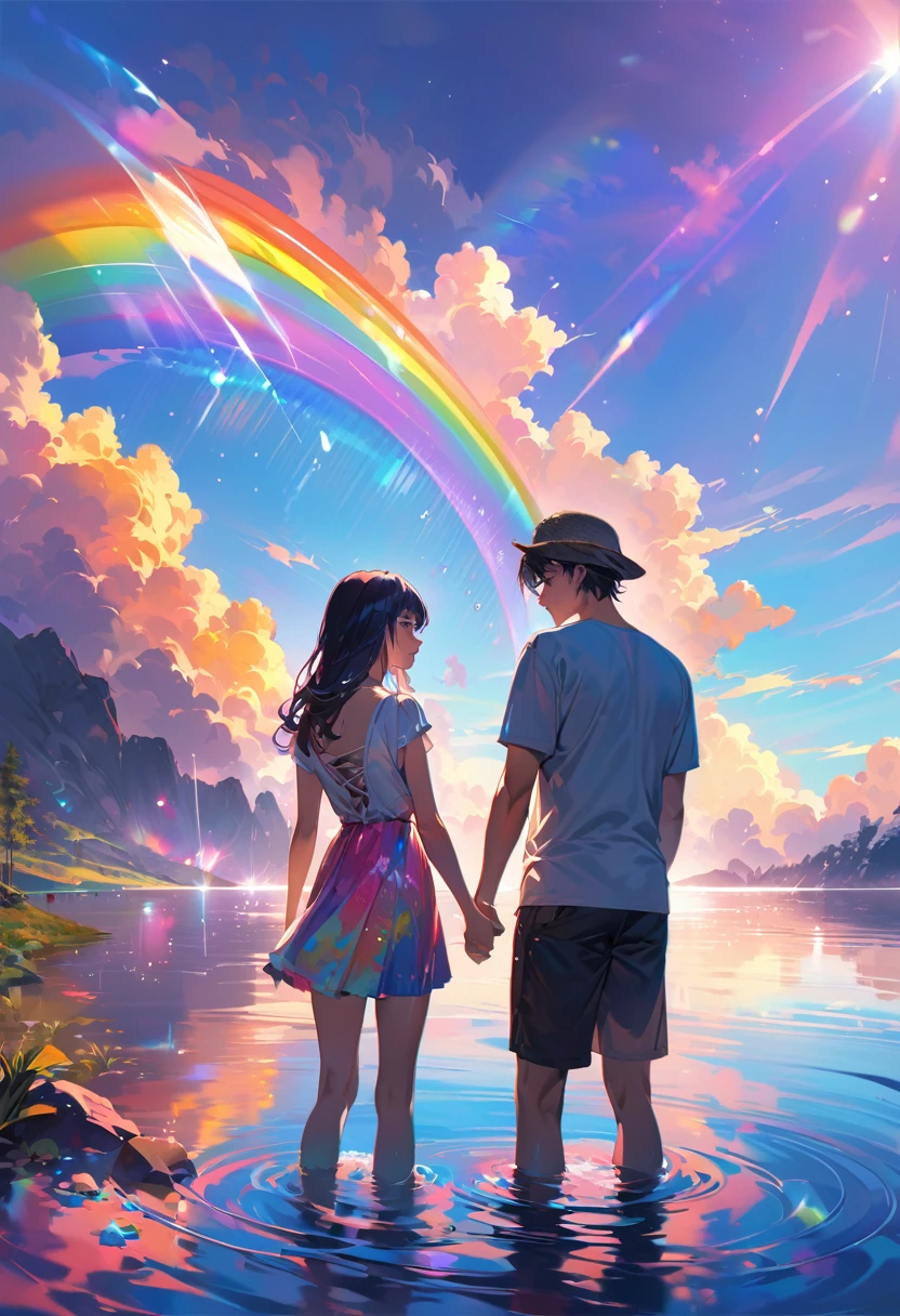 (masterpiece, best quality:1.1), (ultra highres, ultra-detailed:1.2) ,(silhouette of couple stands in the middle of lake),boy and girl, (crystal raindrops around them), rainbows,The light from the sun is reflected on the surface of the lake., digital art, colorful, beautiful colors, bright colors, colorful paint splashes, vibrant colors, vivid colors, high resolution, hyper-realistic, highly detailed.Just a two of us