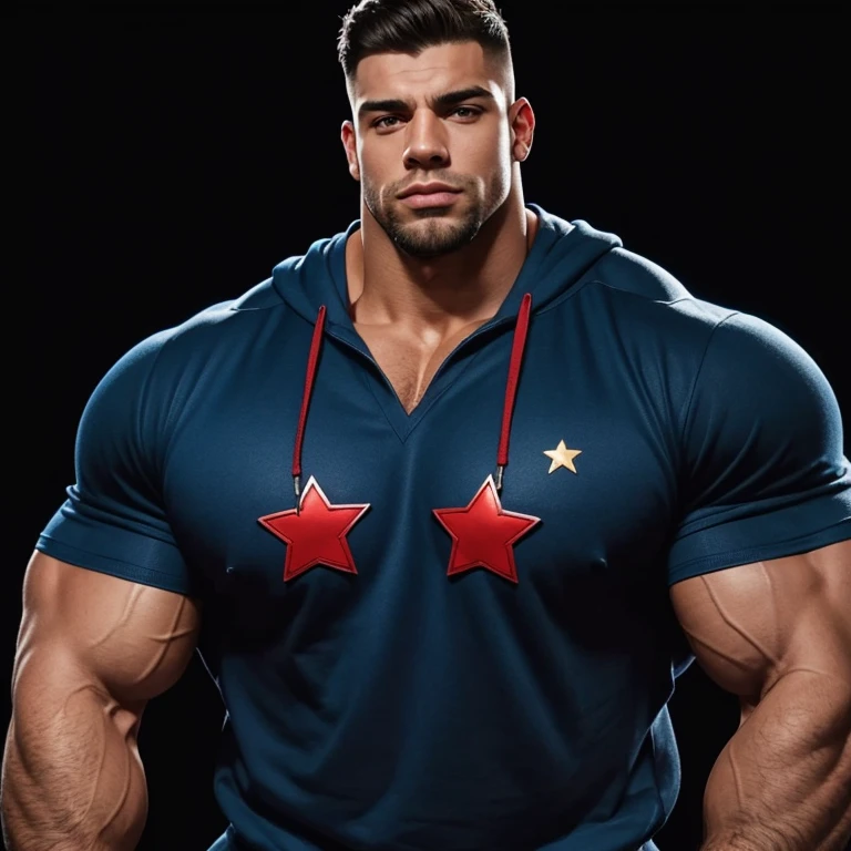 a very handsome young man, with massively large muscles, massively muscular, with massively large biceps, with massively large arms, wearing a blue and red sweatshirt with a star on the chest, on a black background