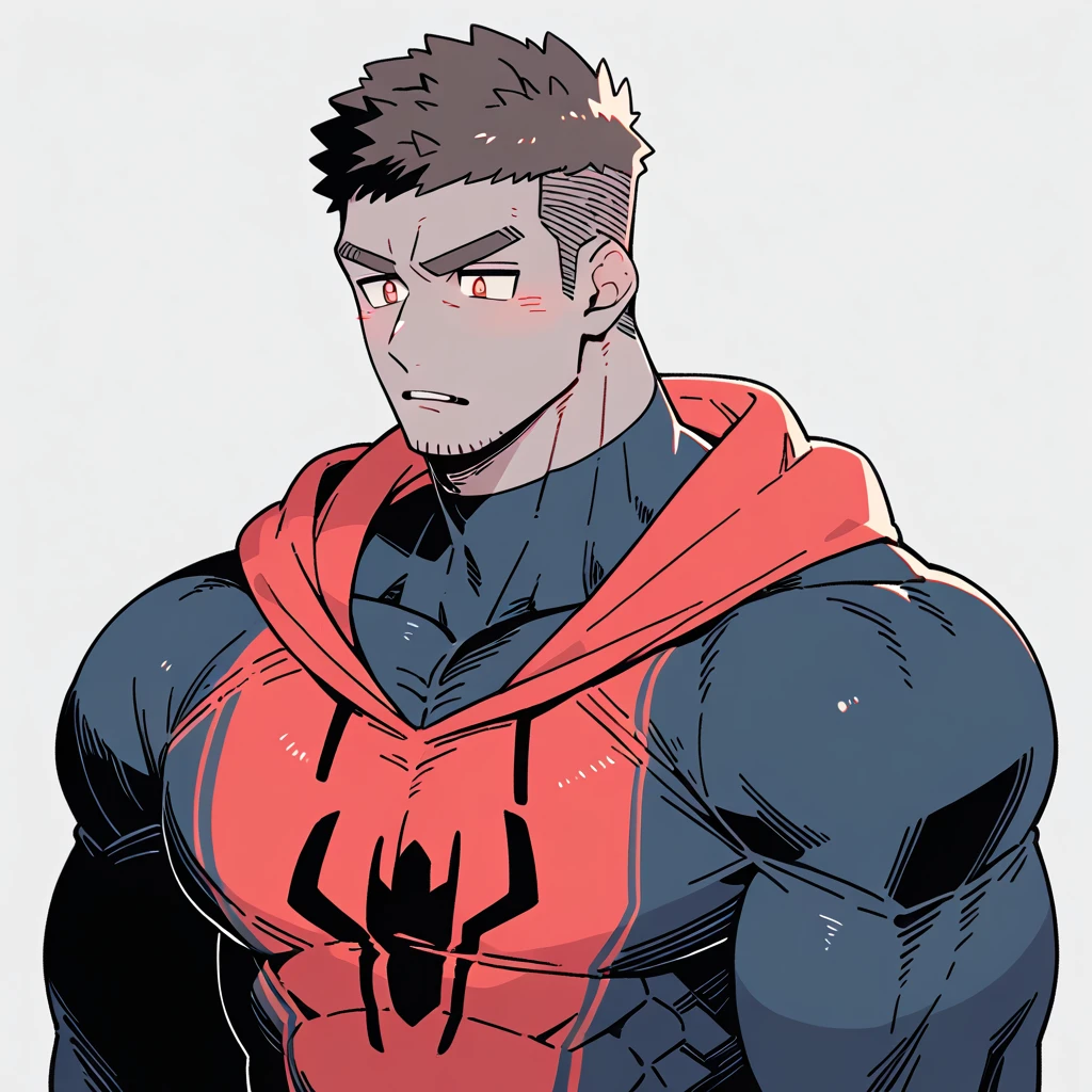 anime characters：Spider-Man, Dark Grey Skin Muscle Sports Student, Manliness, male focus, Sports tight hooded sweatshirt, Under Armour Brand, Wear a high-necked tights underneath, Very tight, Huge pectoral muscles, muscular male, muscular, only, Upper body, alone, Red short hair, Thick eyebrows, stubble, Brown-red pupils, White background, Solid color background, Clean background, simple background, amazing quality, best aesthetics, Ridiculous, crew cut, bright pupils, embarrassed, frown, parted lips, endured face, negative space, negative space, best quality