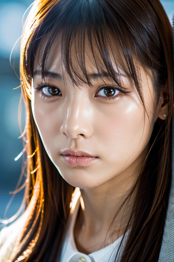 Masterpiece, 8K, high quality, high resolution, beautiful Japanese woman, 30 years old, poker face, glaring eyes, (detailed face, detailed eyes), looking at viewer, portrait