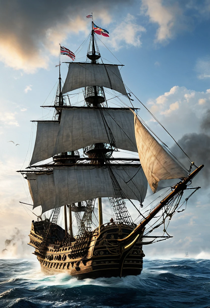 (Horatio Hornblower:1.4)、Battle with Caribbean pirates、(2 Galleons:1.4)、 (Naval battles:1.2)、(Close Combat)、Caribbean、 (Galleon Fire:1.2)、(Galleon Explosion:1.2)、(Torn sails:1.2)、 (Realistic:1.2)、Very detailed、(intricate details 1.2)、8k, masterpiece,