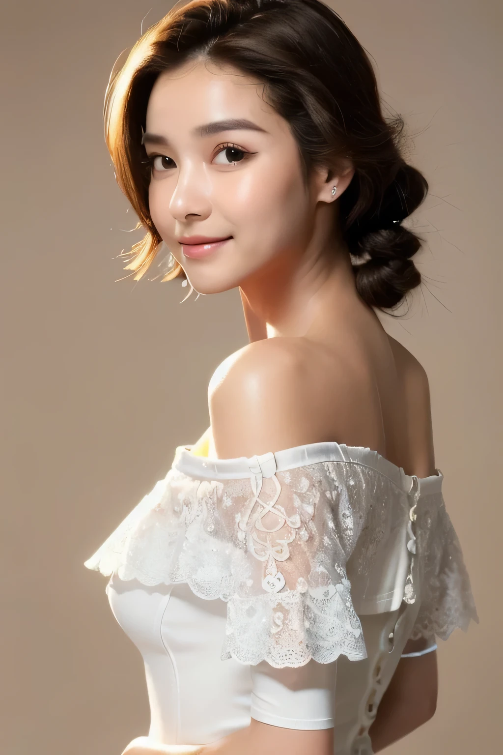 best quality, masterpiece, ultra high res, photorealistic, 1girl, offshoulder, smile