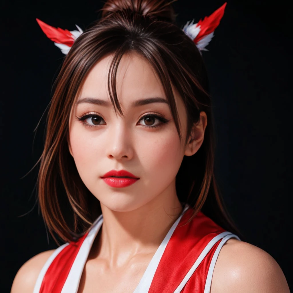 Mai Shiranui, (best quality,Ultra-detailed),(realistic:1.37), beautiful and detailed face, ultra-realistic texture, delicate face, athletic body, vivid colors. high definition, 8K, wearing red lipstick, rosy cheeks.