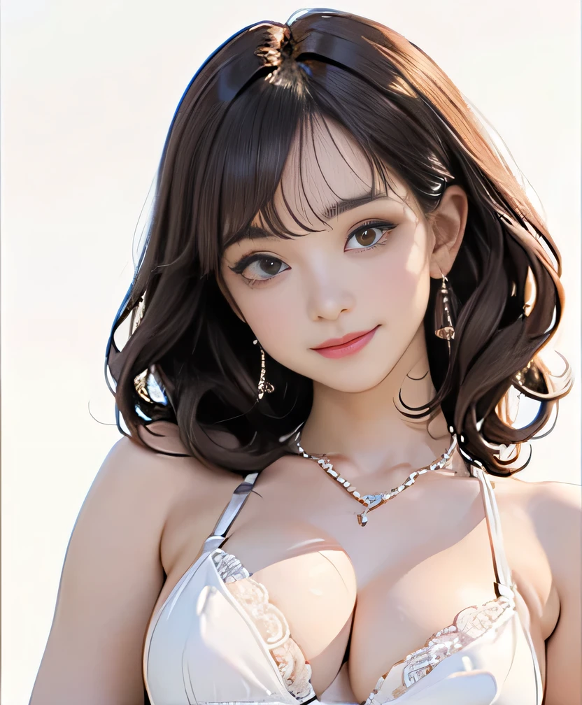 ((((Highest quality))))、(((Ultra-precision CG16K wallpaper)))、(((masterpiece)))、(((Very detailed)))、(((Extremely detailed)))、((１29  mature woman:1.6))、((Very beautiful Japanese face))、((Zuo々Nozomi:1.5))、((Straight medium length inward curled hair、Blunt bangs:1.5))、(Shiny brown hair)、beautiful delicate eyes、Brown eyes、eyeliner、eye shadow、High nose、Small nostrils、Small Mouth、Seductive lips、beautiful breasts、((C cup size breasts))、Cleavage、beautiful feet、eight-headed body、Perfect Proportions、Perfect Anatomy、Perfect composition、beautiful detailed shading、beautiful, Natural light、beautiful detail glow、Written boundary depth、(((High chroma)))、(((Genuine:1.9)))、((vivid:1.5))、((beautiful Skin))、((Skin Texture))、((Genuine skin feel))、(((Bust Shot:1.6)))、((Front view、Shoot from the front、Front Low Angle:1.6))、(((smile:1.3)))、((Women are watching this、View your viewers、Look forward:1.6))、Bright sunlight、Natural light、(((Plain background:1.3)))、(Standing pose:1.6)、(((White lace bikini bra:1.6)))、((Earrings、Wearing a necklace:1.3))、