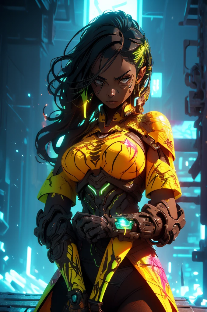 CYBORG STYLE CONCEPT ART (((Graffiti ART) (by Carne Griffiths)), (Super Detail), high detail, high quality, 8K, (masterpiece), Best quality, dark skin, black woman, full-length body, big breasts sticking out the tips of the chest, symmetrical, black hair, perfect face, intricate hair, side hair loop, Black shirt open, dominant figure, smug, frightening, cold, ((excellent shading)), mysterious figure, (neon yellow armor), ((dark background))