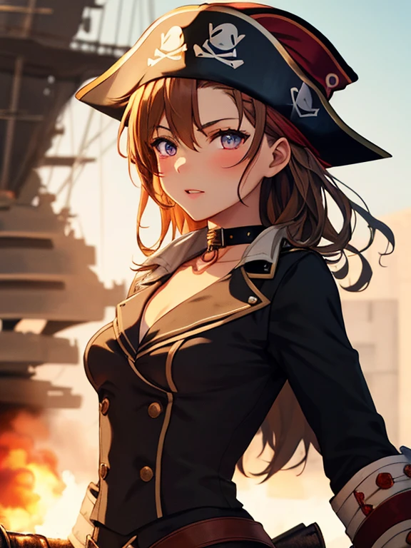 Pirate tactics, cannon, war, (Pirate War:1.5), Misaka Mikoto, 1girl, black choker, uhd, retina, masterpiece, ccurate, anatomically correct, textured skin, super detail, high details, high quality, best quality, highres, 4K