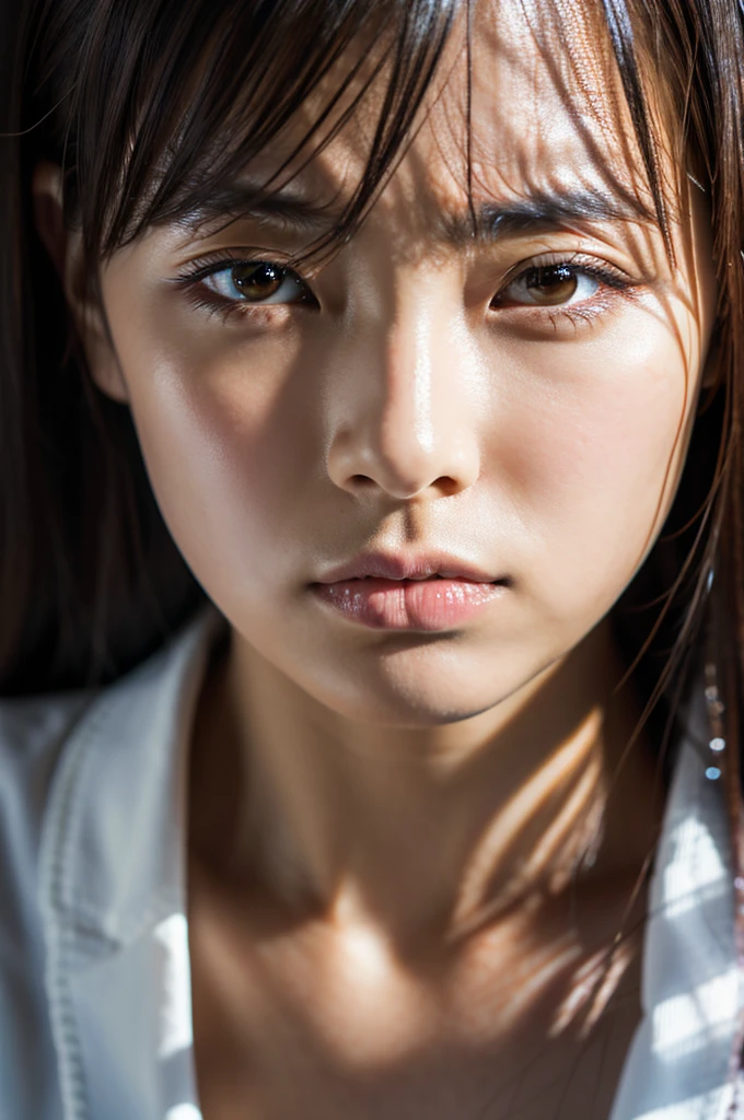 Masterpiece, 8K, high quality, high resolution, beautiful Japanese woman, 30 years old, poker face, glaring eyes, (detailed face, detailed eyes), looking at viewer, portrait