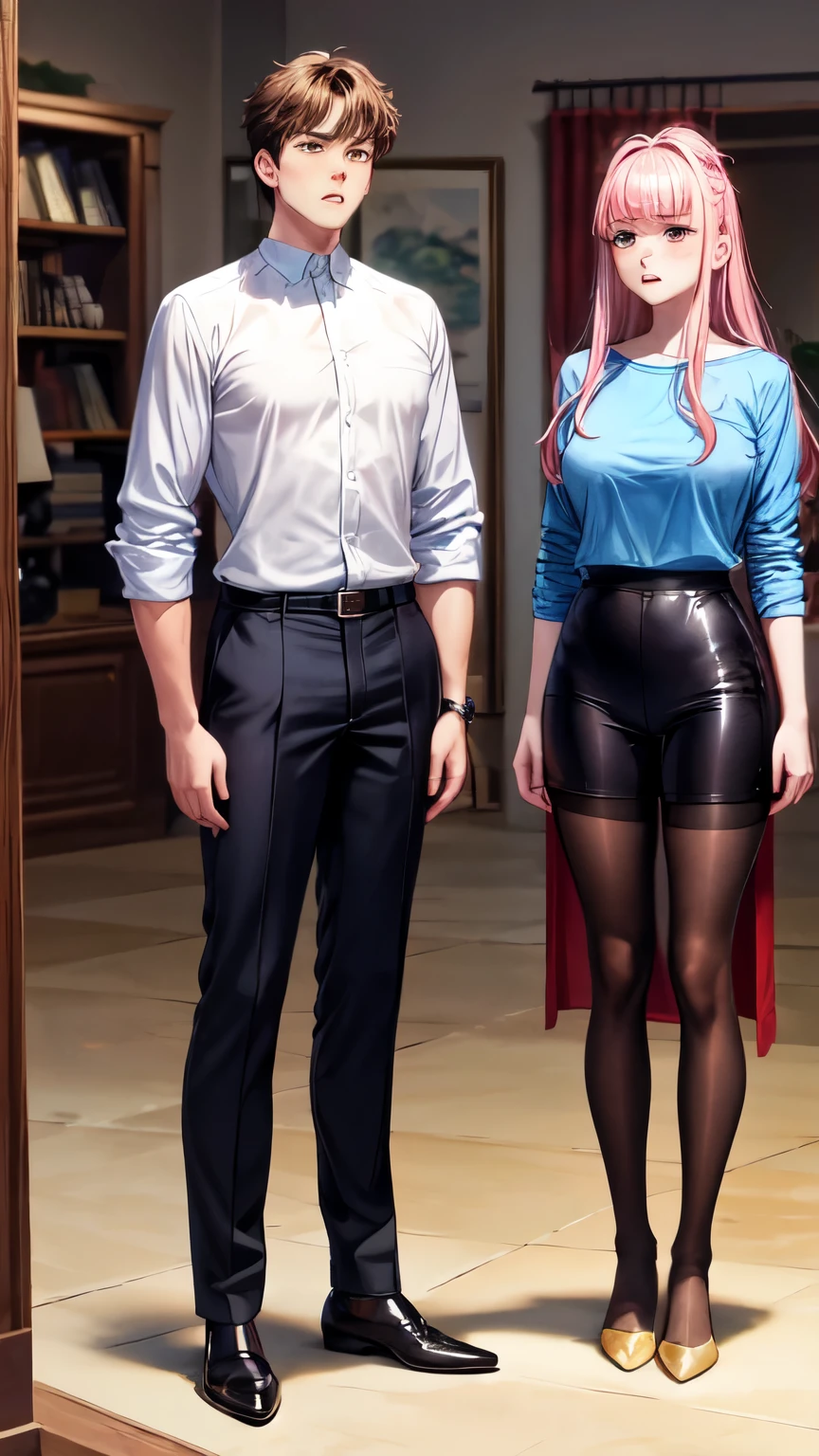 Couple, 1 girl 1 boy, different hair color, height different. The boy has short blonde hair, wavy hair. Sky blue eyes, He is fully naked with exposed penis. He has necklace and bracelets. He is muscular but slim, The girl has medium copper colored hair, wavy hair, small breast, no bangs and violet eyes. She is also naked, both having romantic sex, side view, beautiful girl, detailed eyes, detailed face, detailed hands. they look into each other's eyes, full body nude, sex pleasure