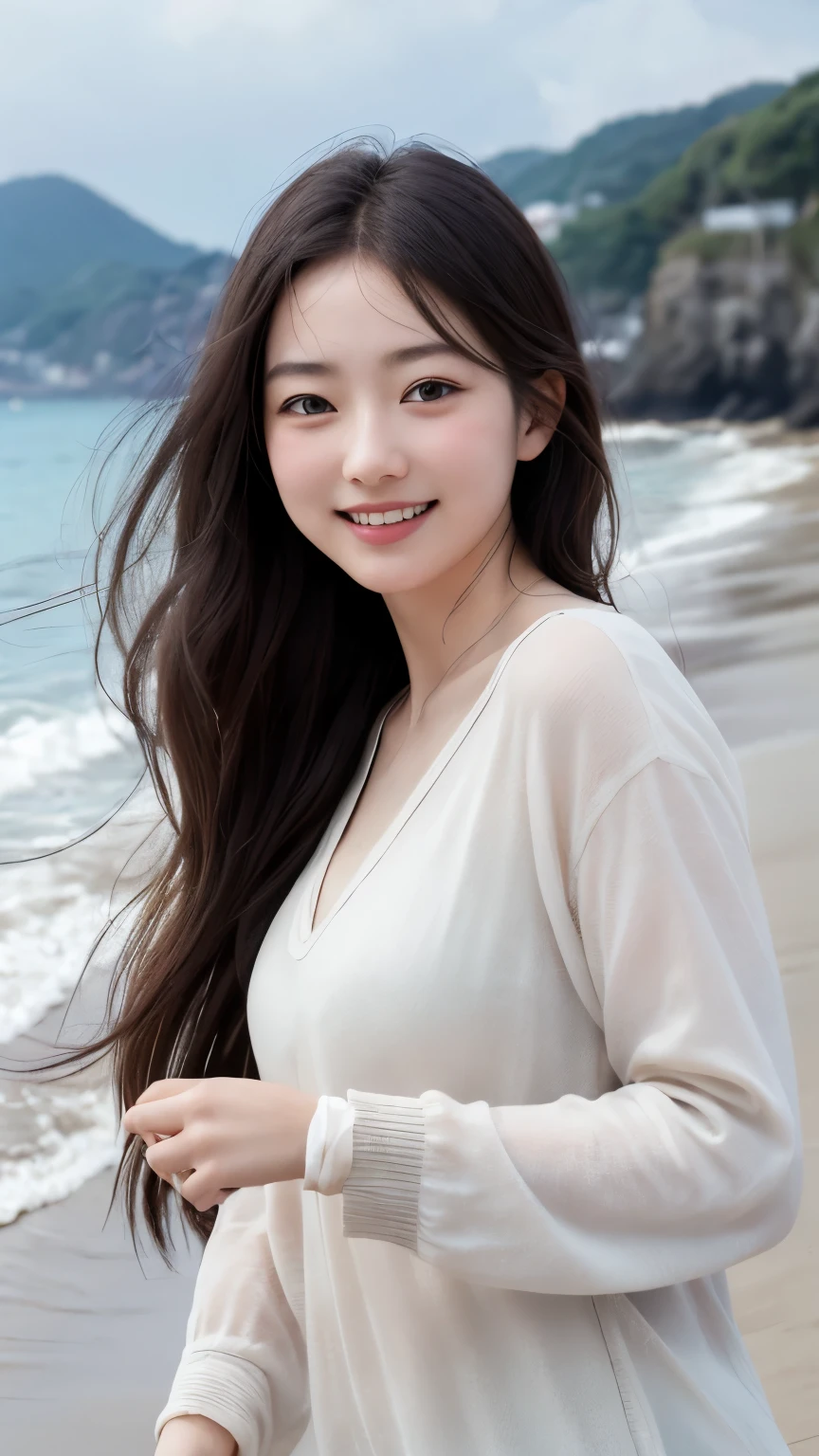 (((masutepiece))),Best Quality, Hyper realistic, Natural Beautiful Sexy Woman, Beautiful face, Cute and cool face, Beautiful eyes, Korean Woman, 27yo, (Full body) ,Hot pants andTThe shirt , Sexy Pose , NFSW,intricate-detail、Smiling on the beach