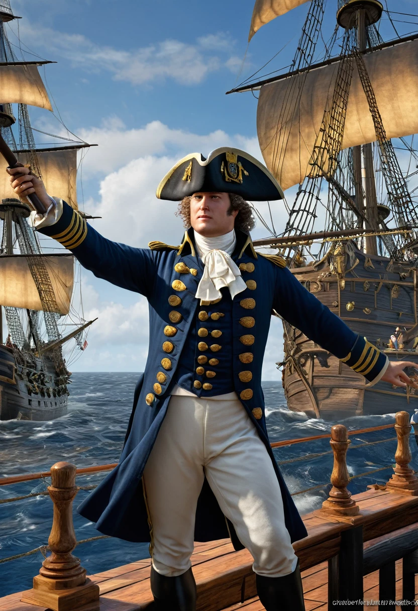 (Captain Horatio Hornblower:1.4)、Battle with Caribbean pirates、(2 Galleons:1.4)、 (Naval battles:1.2)、(Close Combat:1.2)、Caribbean、 (Galleon Fire:1.2)、(Galleon Explosion:1.2)、(Torn sails:1.2)、 (Realistic:1.2)、Very detailed、(intricate details 1.2)、8k, masterpiece,